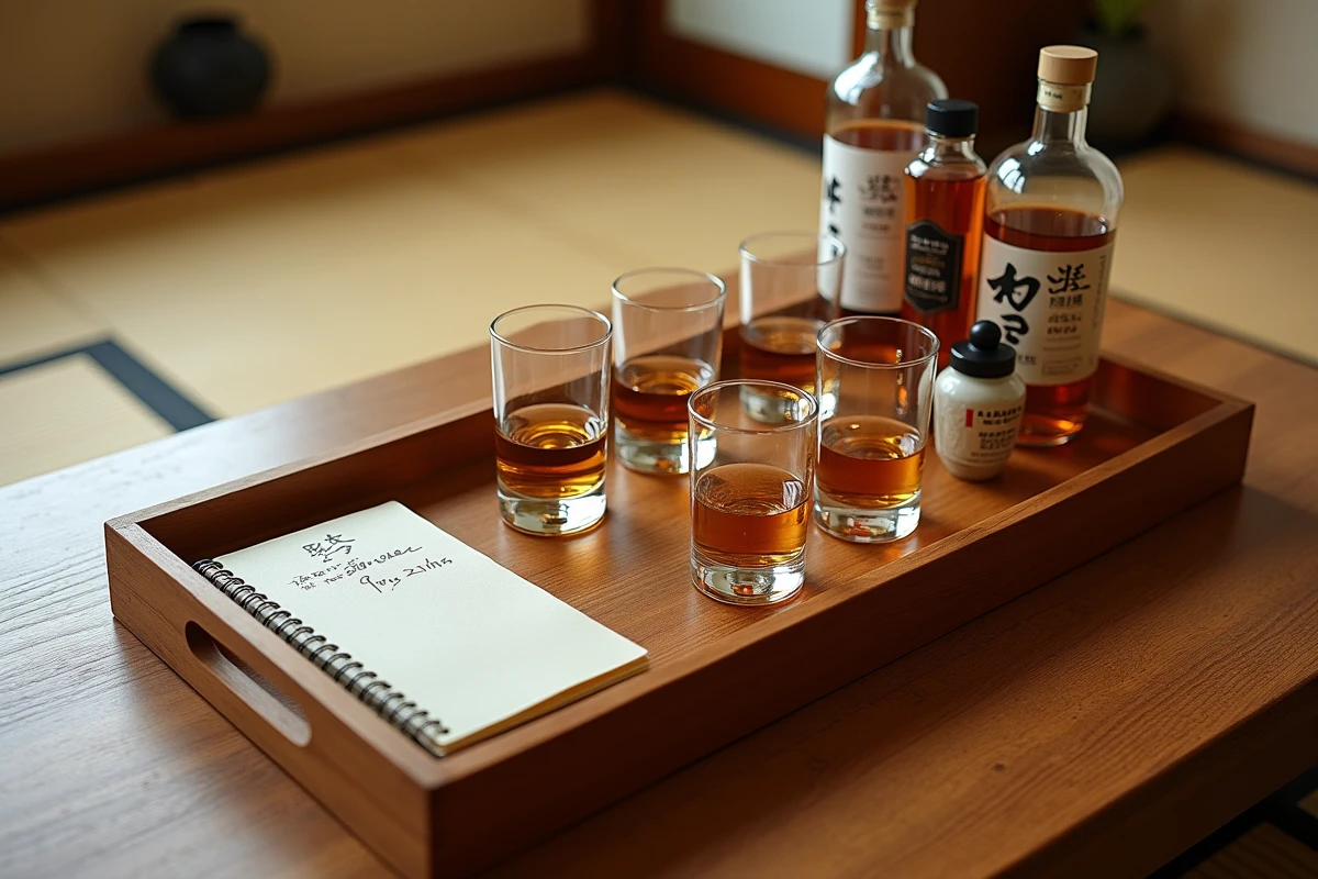 Plateau de dégustation de trois whiskies japonais avec carnet de notes dans un salon style japonais