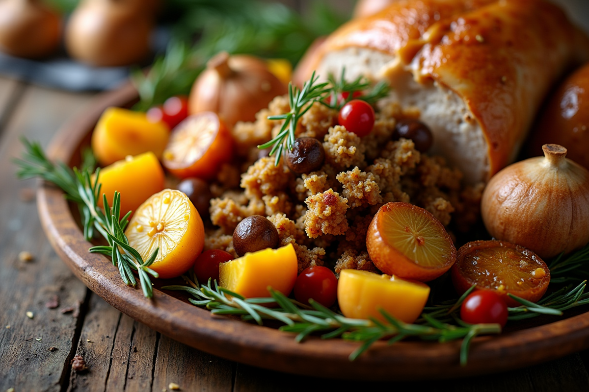 Gourmet accompagnements pour chapon sur plateau en bois