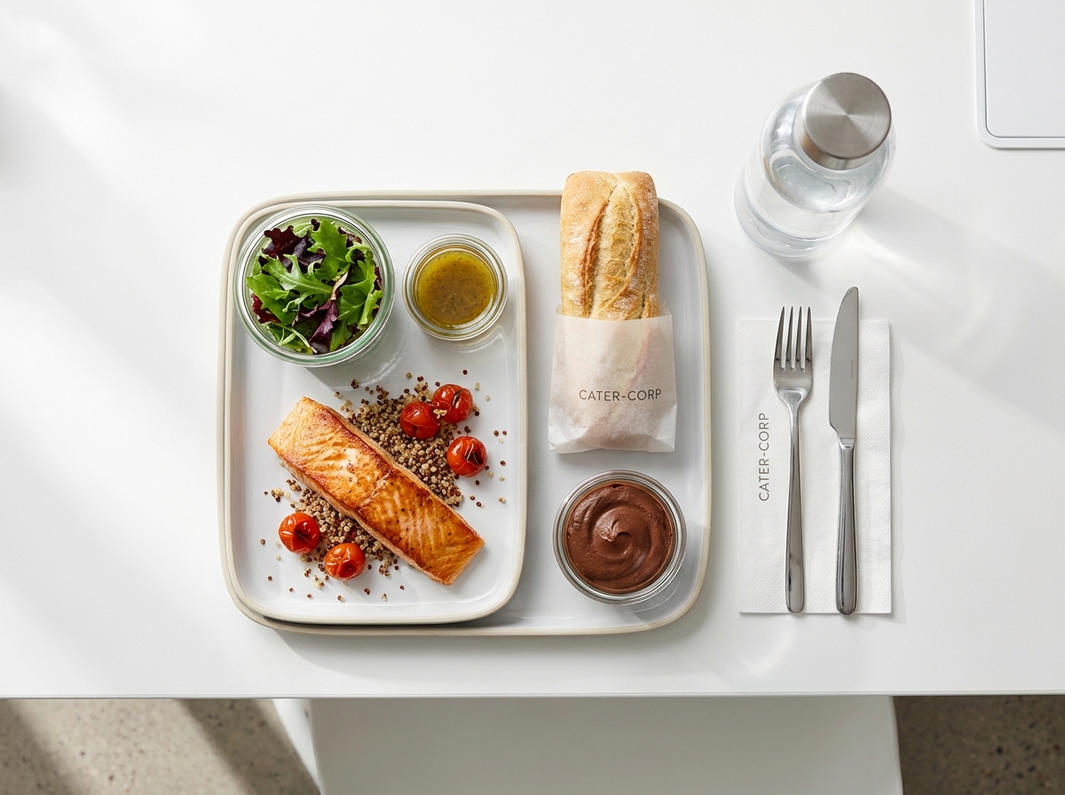 Vue aérienne d'un plateau repas gastronomique d'entreprise Le Cercle avec saumon quinoa et salade