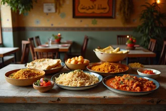 Plateau de plats égyptiens traditionnels incluant ful medames, koshari et pain plat sur une table en bois rustique au Caire