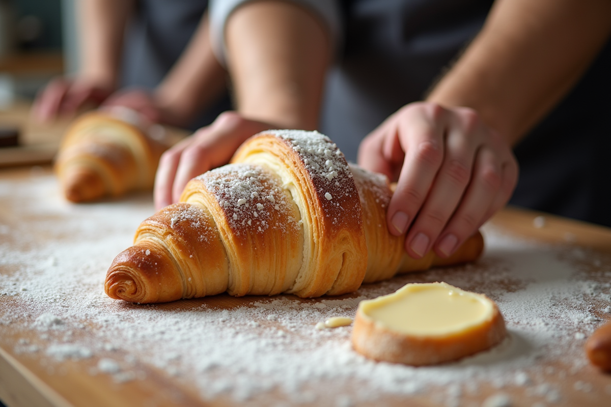 Mains pliant la pâte à croissant sur un plan de travail fariné