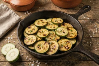 Poêle en fonte remplie de courgettes dorées et fondantes aux herbes fraîches sur une table en bois rustique