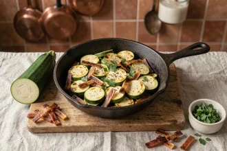 Poêlée de courgette et lardons fumés dans une poêle en fonte rustique vue de dessus, garnie de persil frais et poivre concassé