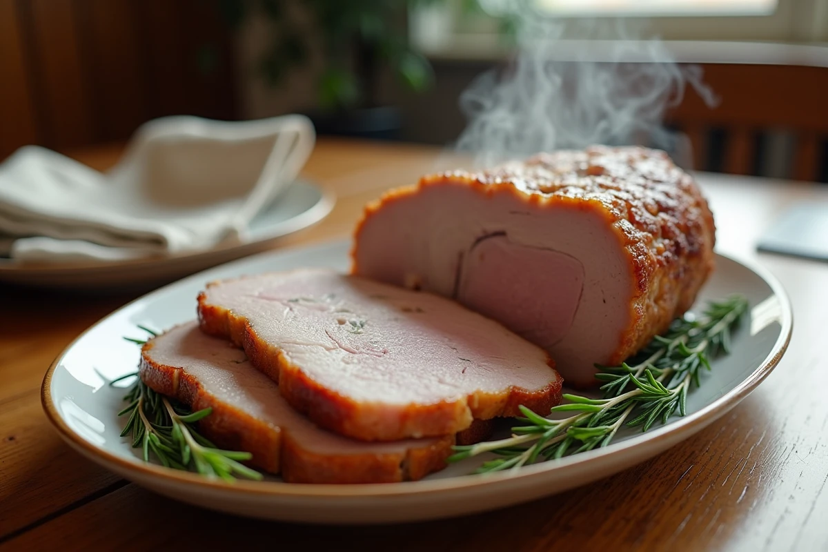 Tranches de porc sur un plat en céramique avec vapeur