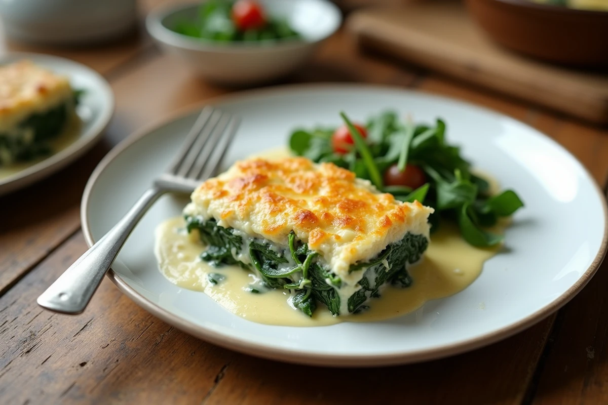 Portion de gratin de côtes de blettes servi dans une assiette blanche sur table en bois rustique