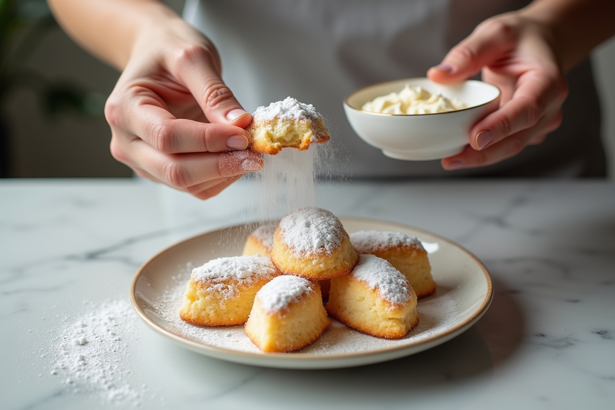 Main saupoudrant du sucre glace sur biscuits maison