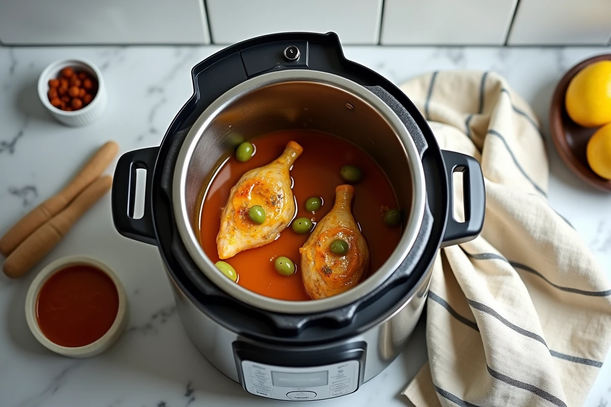 Poulet façon tajine cuit au Cookeo avec olives et citron confit dans la cuve ouverte sur un plan de travail moderne