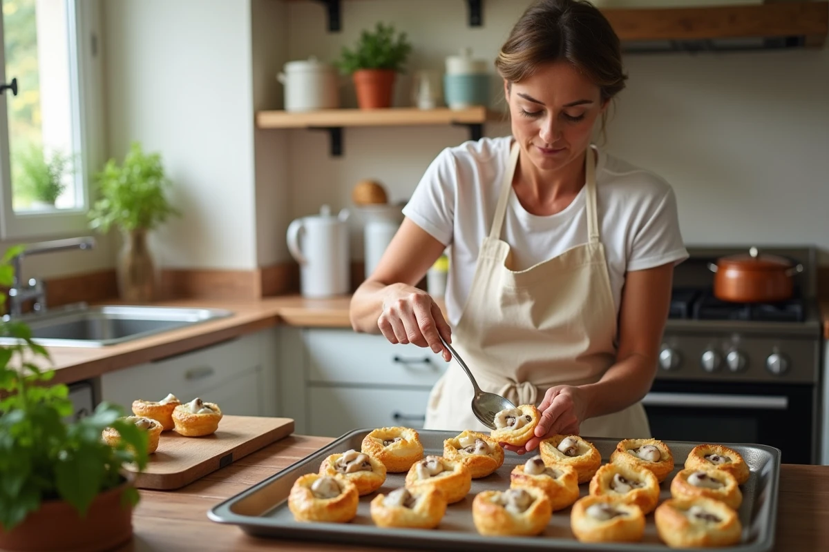 Femme en tablier de lin garni des bouchées à la reine avec sauce blanche aux champignons dans une cuisine de campagne française