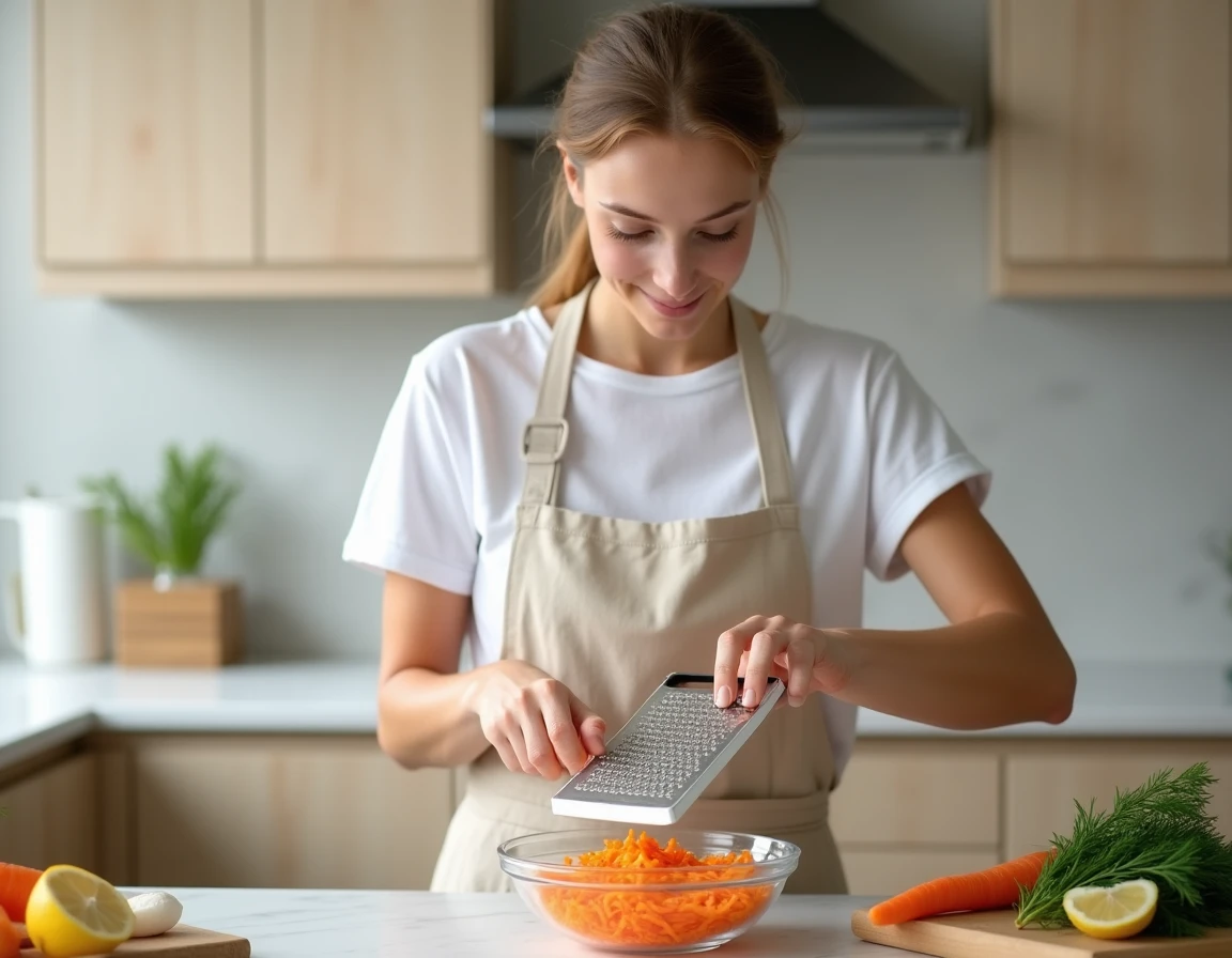 Femme préparant des carottes râpées avec une râpe dans une cuisine scandinave moderne