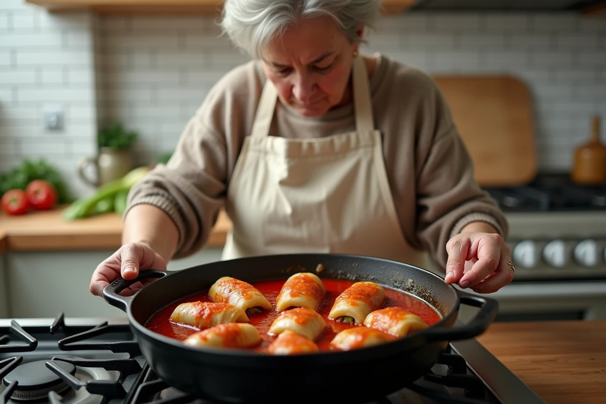 Femme préparant des choux farcis en disposant les rouleaux dans une cocotte en fonte sur la cuisinière