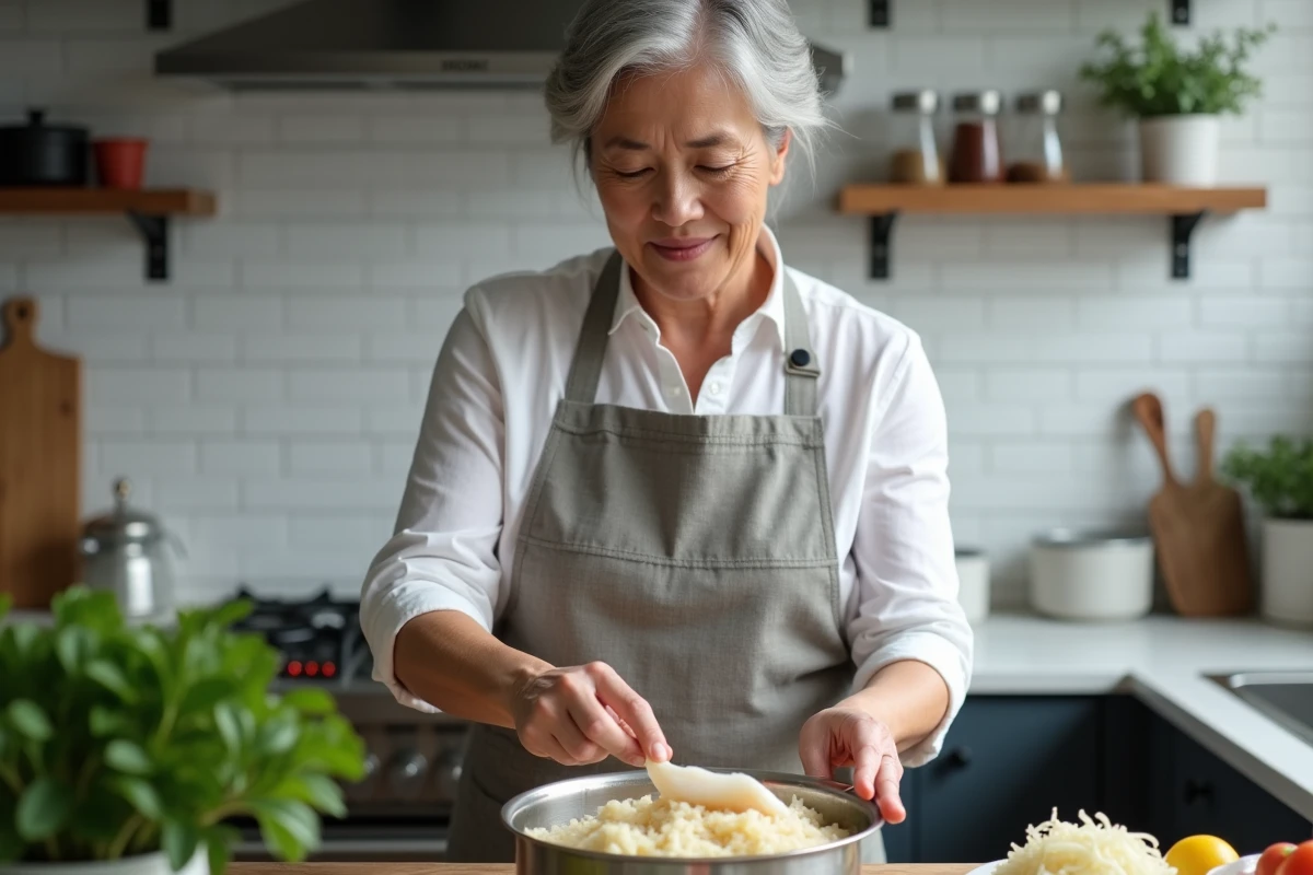 Femme cuisinant une choucroute aux poissons à la vapeur en plaçant du filet de poisson dans un panier vapeur dans une cuisine moderne