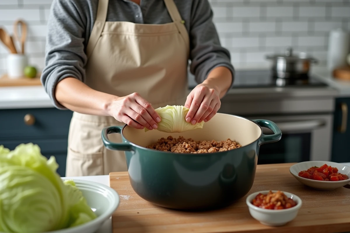 Femme en tablier préparant des choux farcis en les déposant dans une cocotte dans une cuisine moderne