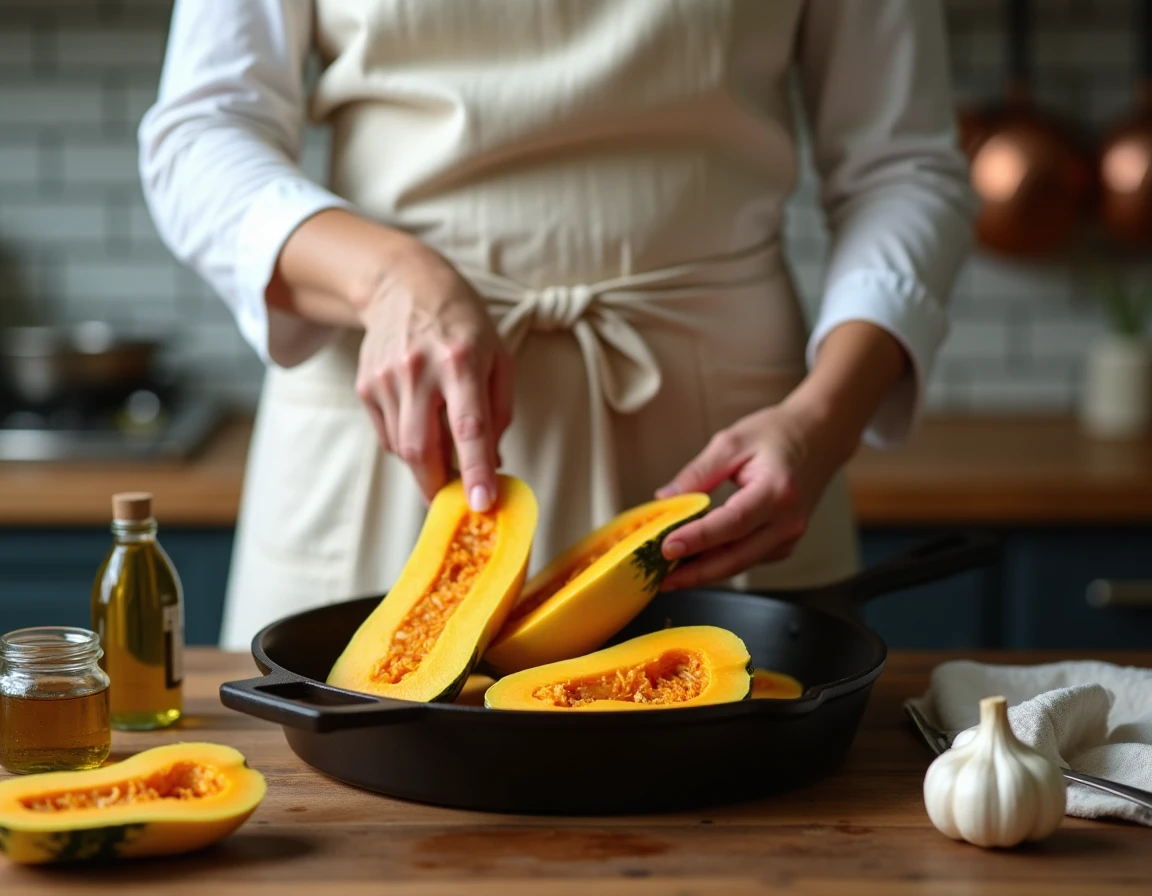 Préparation de la courge longue de Nice avant cuisson au four avec ail et huile d'olive
