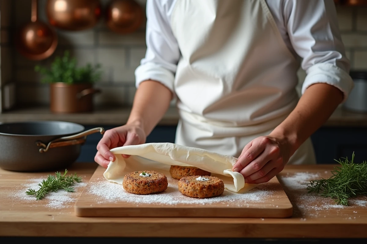 Chef préparant des crépinettes de porc maison sur billot de boucher dans une cuisine de style campagnard français