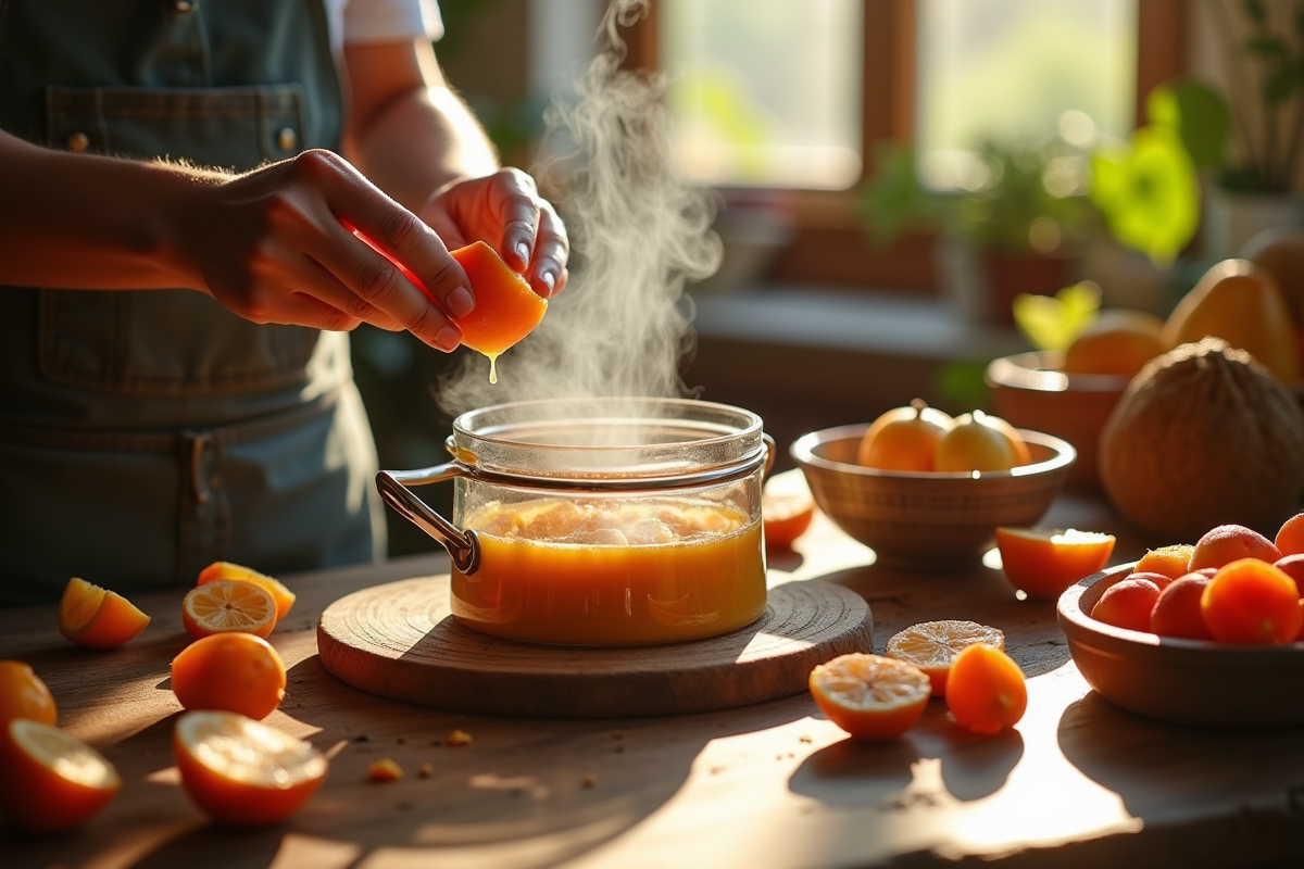 Mains préparant un dessert avec jujubes et jacquier en cuisine