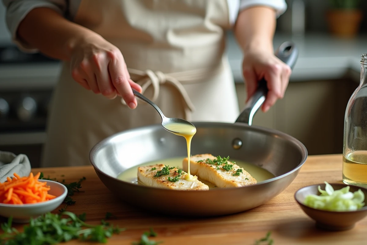 Cuisinière préparant un filet de julienne en versant une sauce crème au vin blanc dans une poêle avec légumes