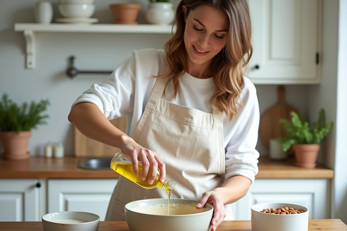 Femme versant de l'huile d'olive dans une préparation de gâteau aux amandes et yaourt dans une cuisine provençale lumineuse