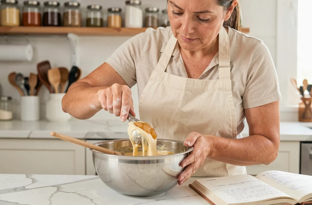 Femme incorporant de la compote de pomme dans une pâte à gâteau dans une cuisine moderne et lumineuse