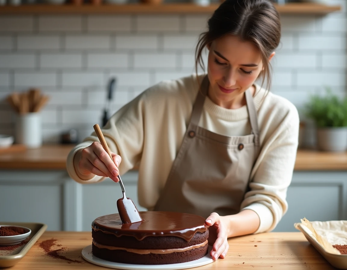 Femme appliquant un glaçage au chocolat noir sur un gâteau à trois couches de mousse, dans une cuisine moderne avec tablier en lin