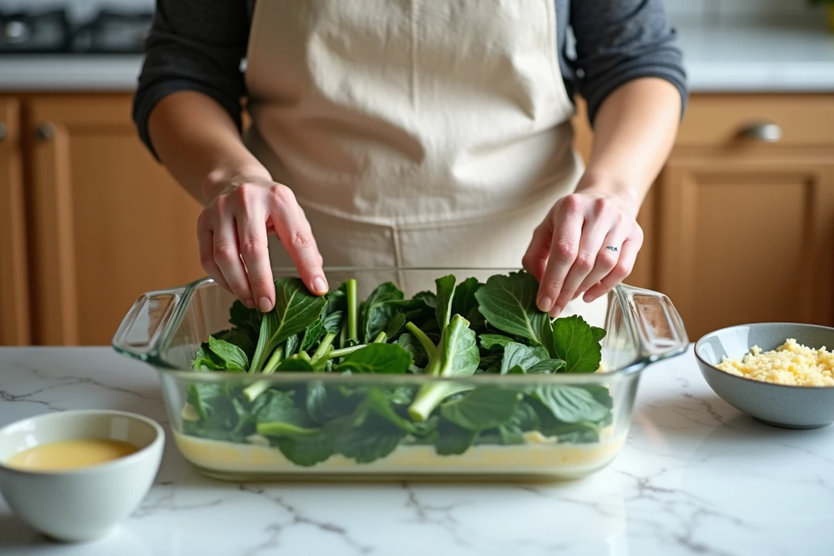 Femme préparant un gratin de côtes de blettes en cuisine avec sauce béchamel maison
