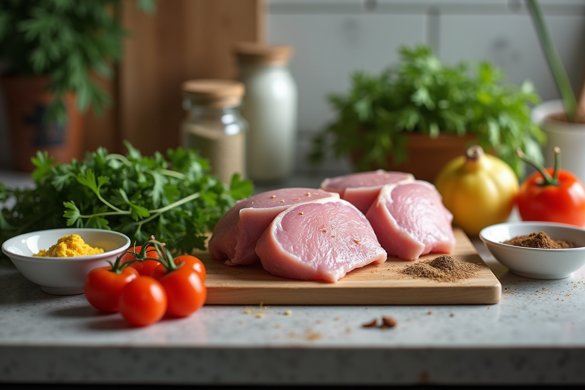 Ingrédients préparés pour le lapin à la moutarde sur un plan de cuisine lumineux