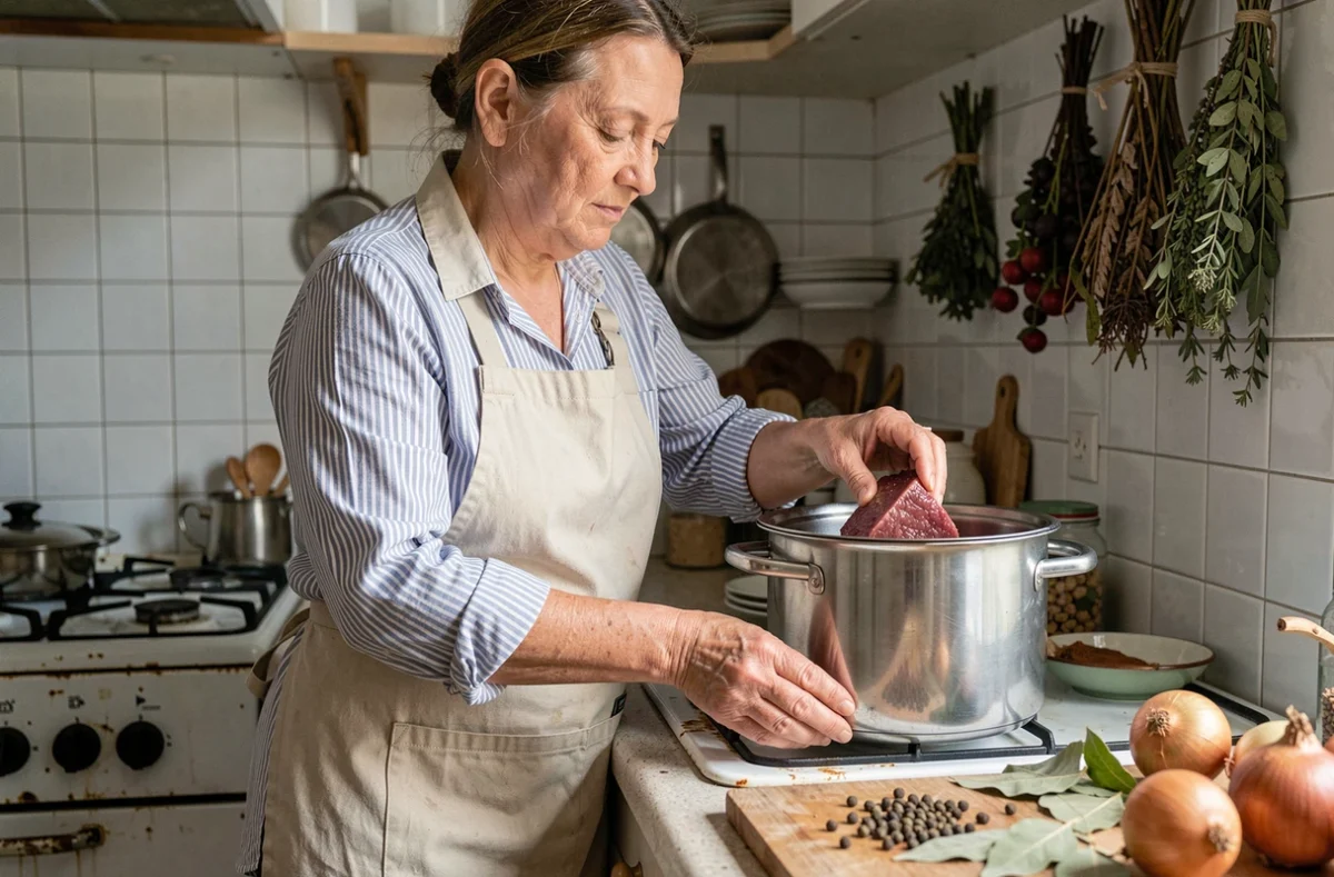 Femme cuisinant une langue de bœuf dans une cocotte-minute sur une gazinière, dans une cuisine familiale française traditionnelle