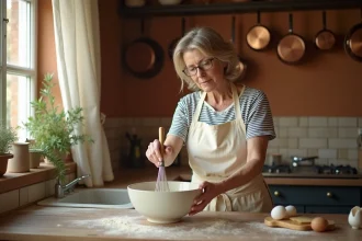 Femme préparant une pâte à crêpes sans repos dans un bol en céramique dans une cuisine rustique française