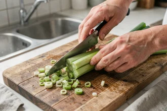 Mains préparant des poireaux frais sur une planche en bois avant cuisson à l'eau