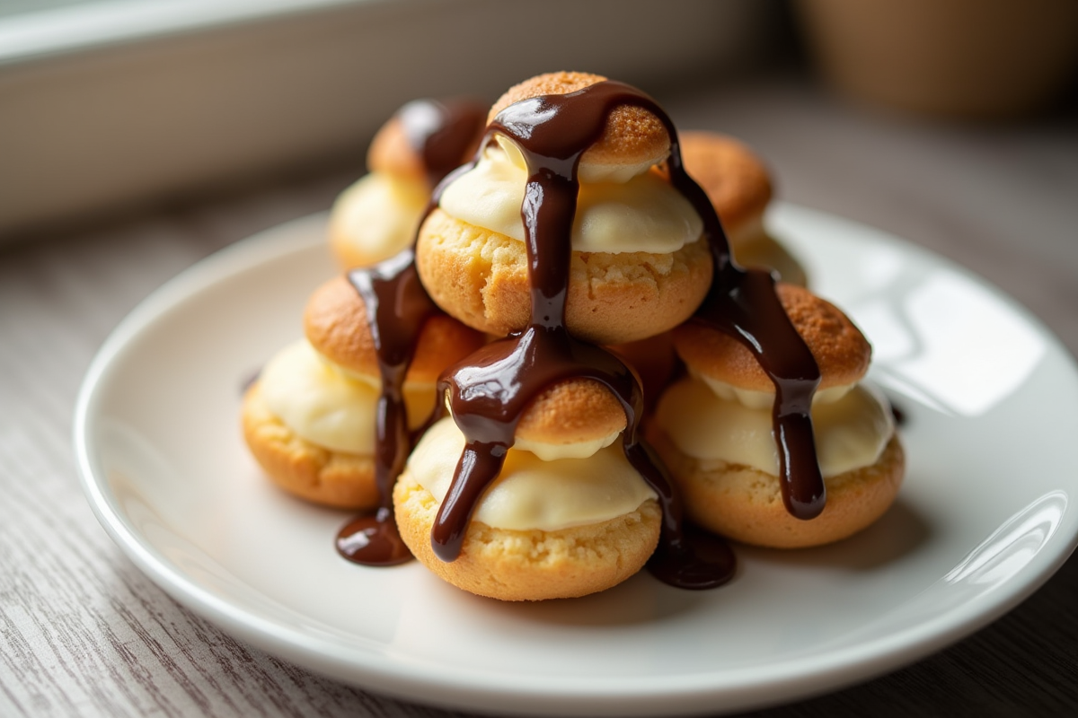 Profiteroles en gros plan avec sauce chocolat qui coule