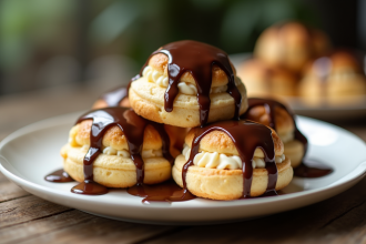Assiette de profiteroles glacées au chocolat brillant