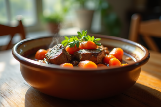 Ragoût de boeuf et carottes dans un bol rustique