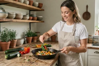 Femme préparant un repas léger du soir avec des légumes restes dans une cuisine rustique chaleureuse