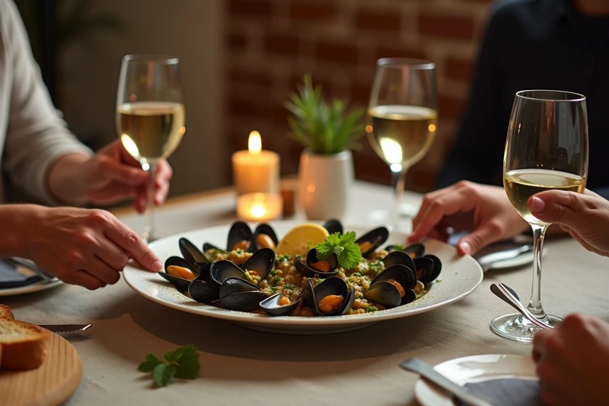 Repas convivial autour d'un plat de moules à l'ail et au citron avec baguette et vin blanc, ambiance bistrot français chaleureux