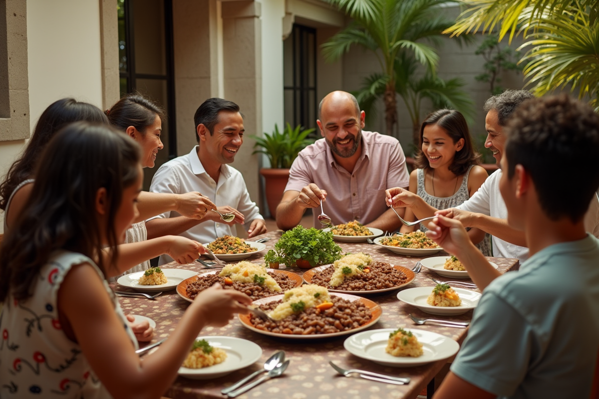 Famille partageant un repas de feijoada en extérieur ensoleille