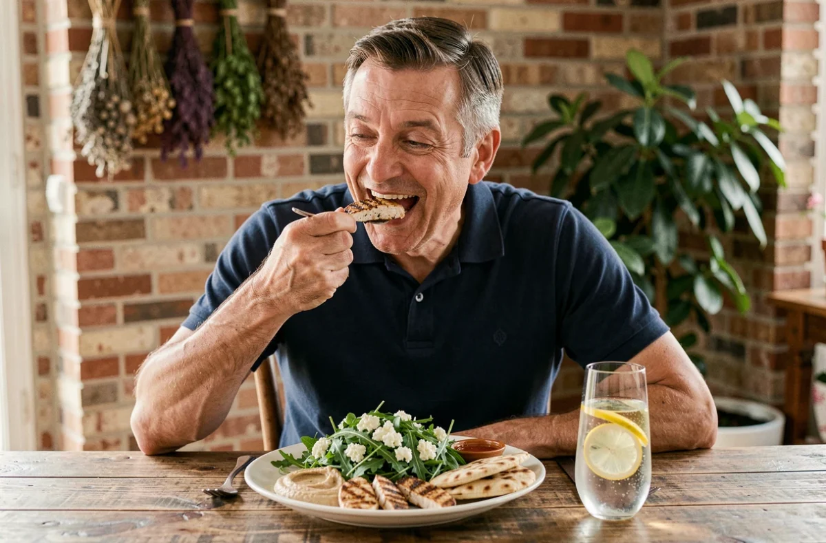 Homme savourant un repas méditerranéen équilibré avec poulet grillé et salade à une table en bois rustique