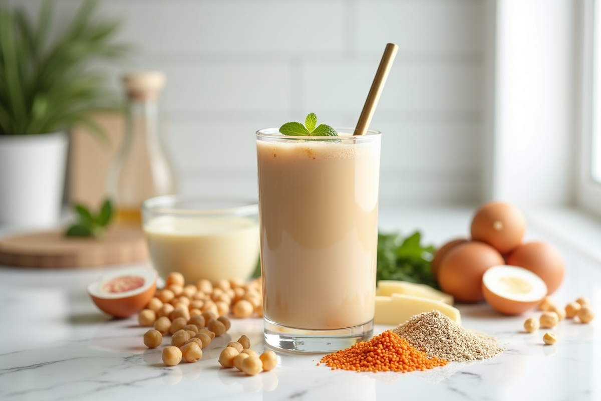 Shake de remplacement repas entouré de protéines végétales et œufs