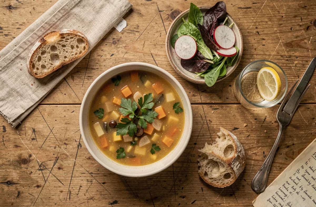 Vue du dessus d'un repas du soir léger et simple avec soupe de légumes, salade et pain sur une table en bois rustique