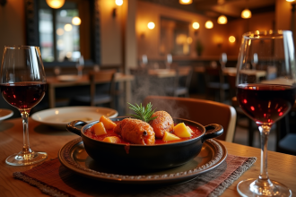 Restaurant parisien avec cassoulet fumant et vin rouge