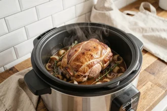 Rôti de porc dans un Cookeo avec fond de veau et oignons caramélisés, vapeur s'échappant du couvercle ouvert