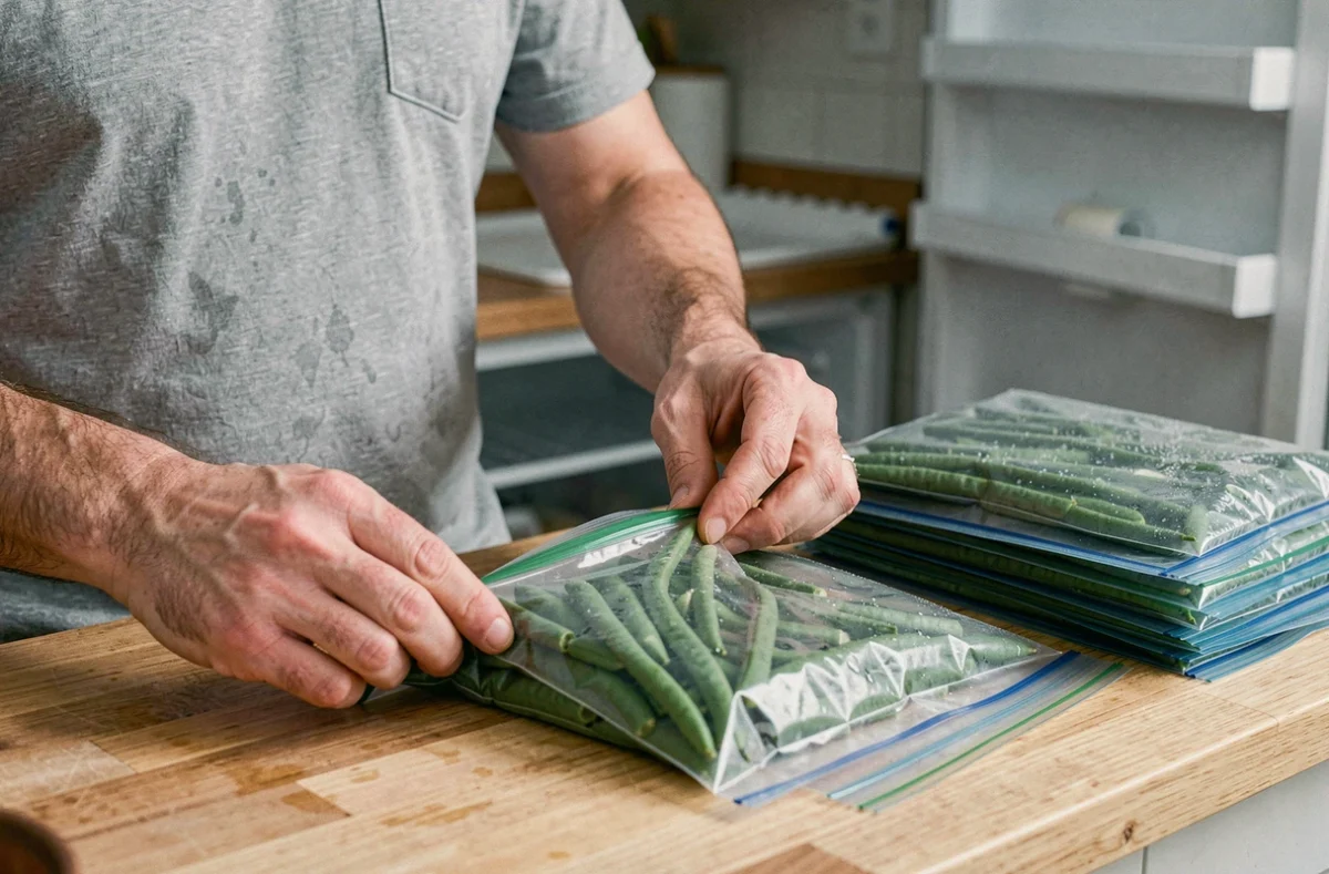 Mains masculines scellant des haricots verts blanchis dans des sacs congélation plats pour économiser la place au congélateur
