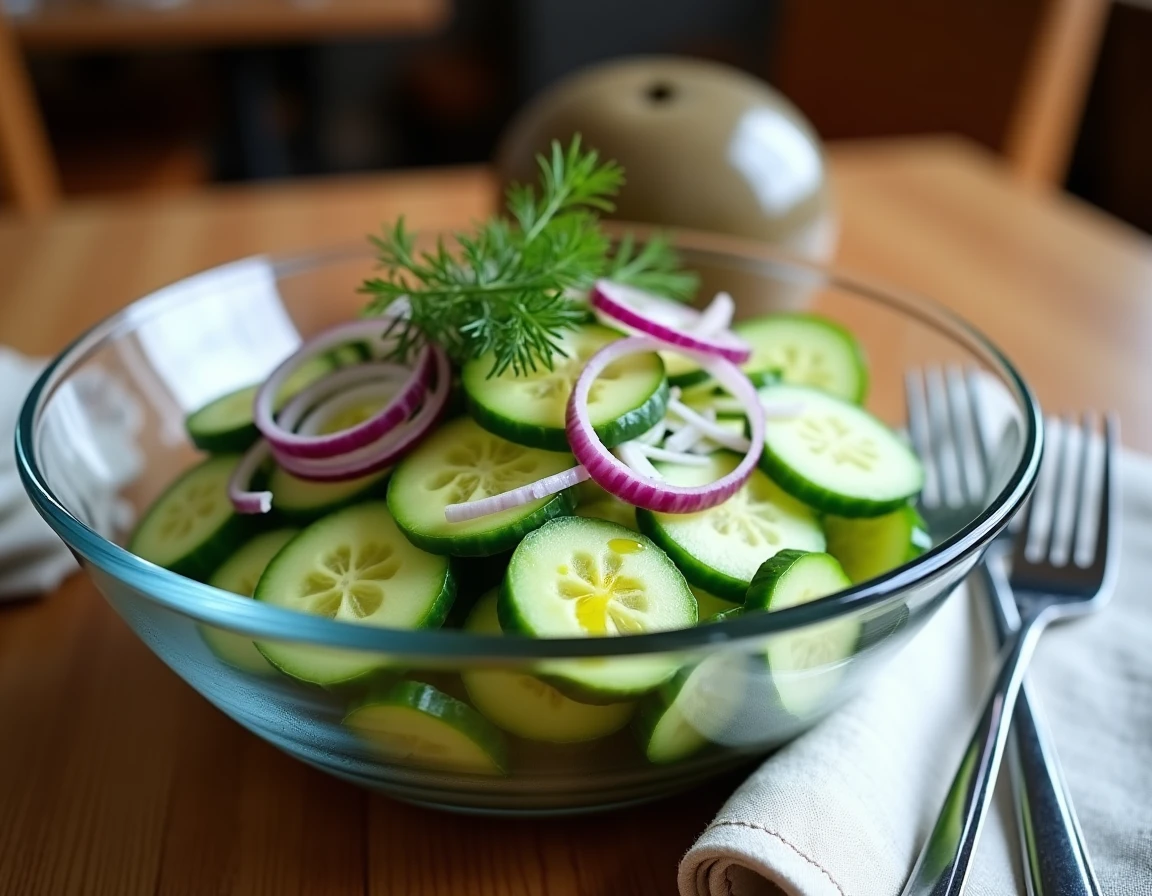 Salade de concombre fraîche et croquante servie dans un bol en verre avec aneth et oignon rouge, sans eau au fond grâce aux bonnes techniques de conservation et dégorgeage