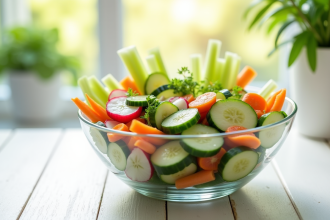 Salade fraîche colorée dans un bol avec concombre radis carotte et céleri