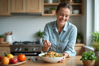 Femme en cuisine préparant une salade colorée et saine