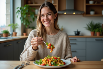 Jeune femme mangeant une salade colorée dans sa cuisine moderne