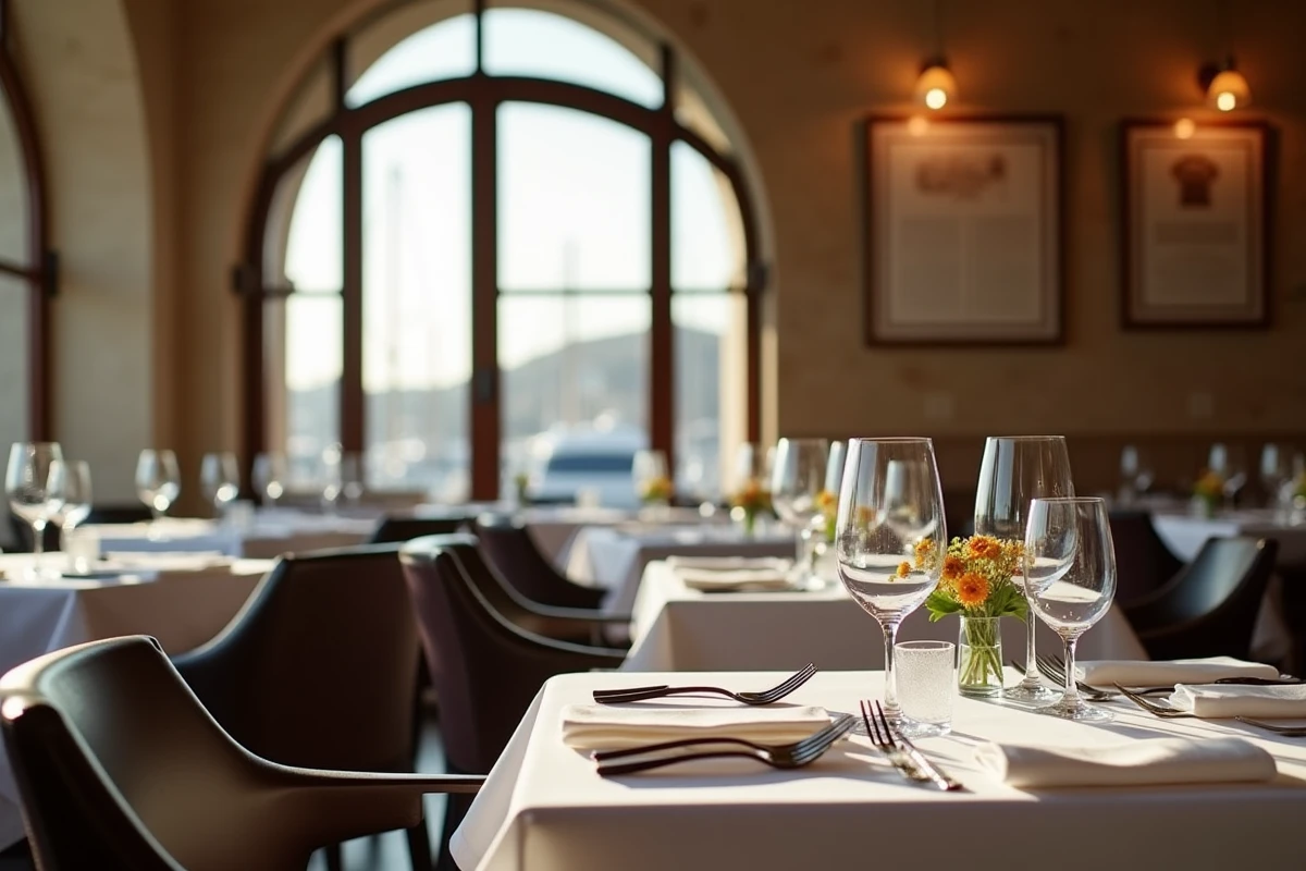 Salle de restaurant gastronomique à Marseille avec vue sur le Vieux-Port, tables dressées élégamment