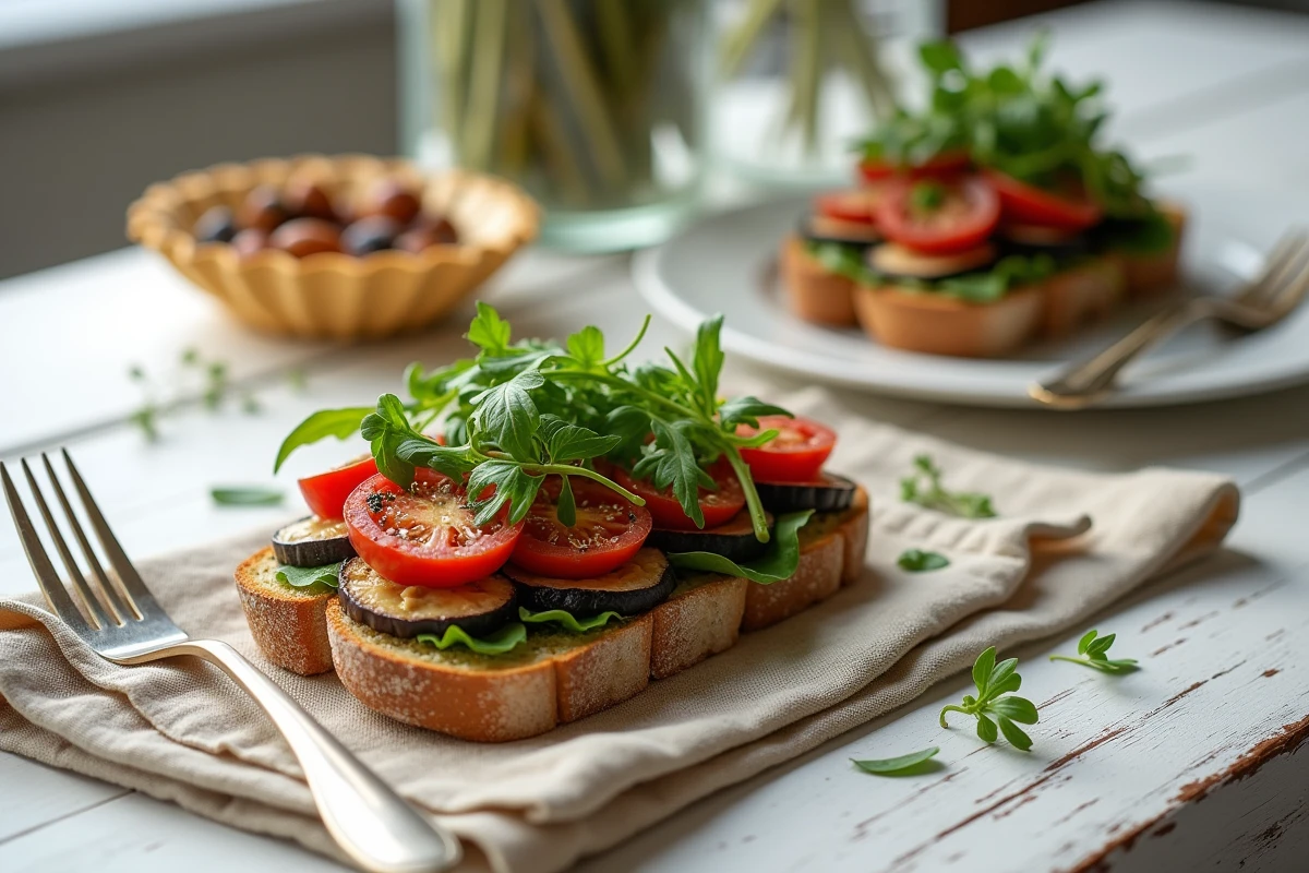 Sandwich et tarte maison garnis d'aubergines cuites au four sur une table en bois rustique