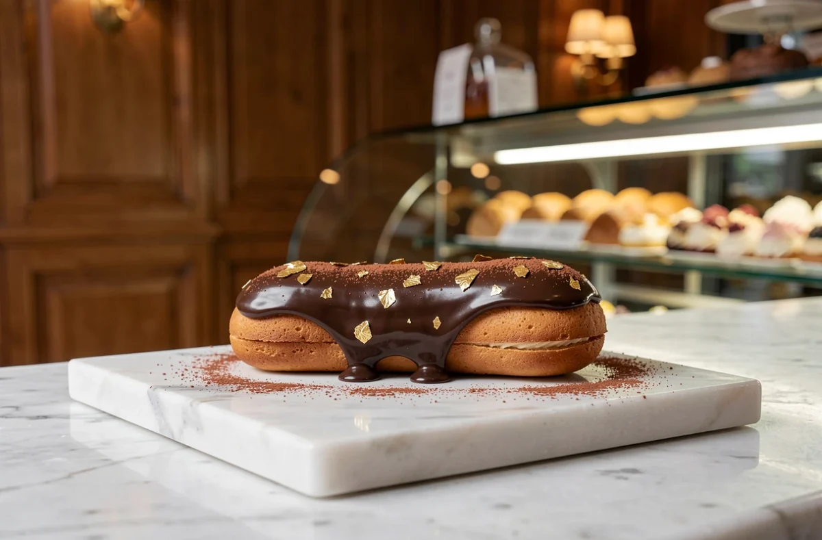 Éclair au chocolat glacé de Sébastien Serveau avec feuille d'or sur marbre blanc dans une pâtisserie parisienne
