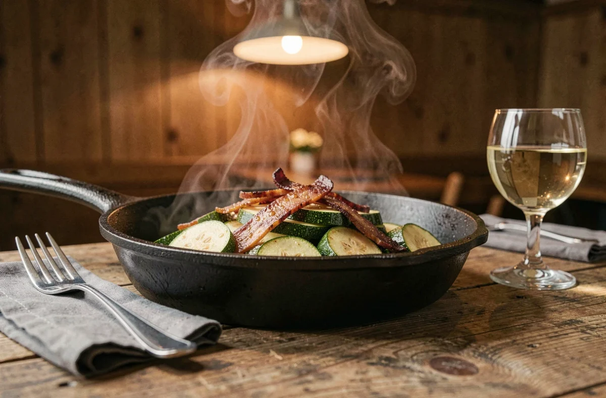 Poêlée de courgettes et lardons fumés servie directement dans la poêle sur une table en bois rustique avec verre de vin blanc, repas complet pour une personne