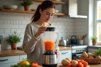 Femme en cuisine mixant des carottes et pommes de terre