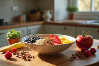 Personne préparant un bol de smoothie protéine coloré avec fruits et noix